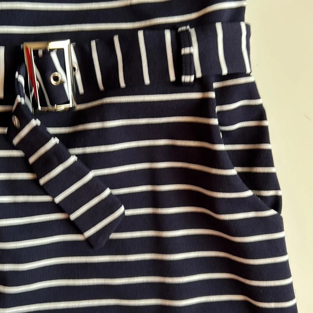 Papillon Striped Belted Ponte Shift Dress, navy and white - Picture 3 of 9
